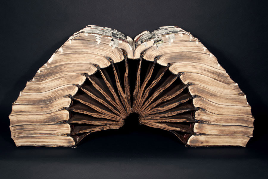 Brian Dettmer, Knowledge in Depth, 2013, Hardcover books, acrylic varnish, 16-1/4 x 34-1/2 x 11 inches