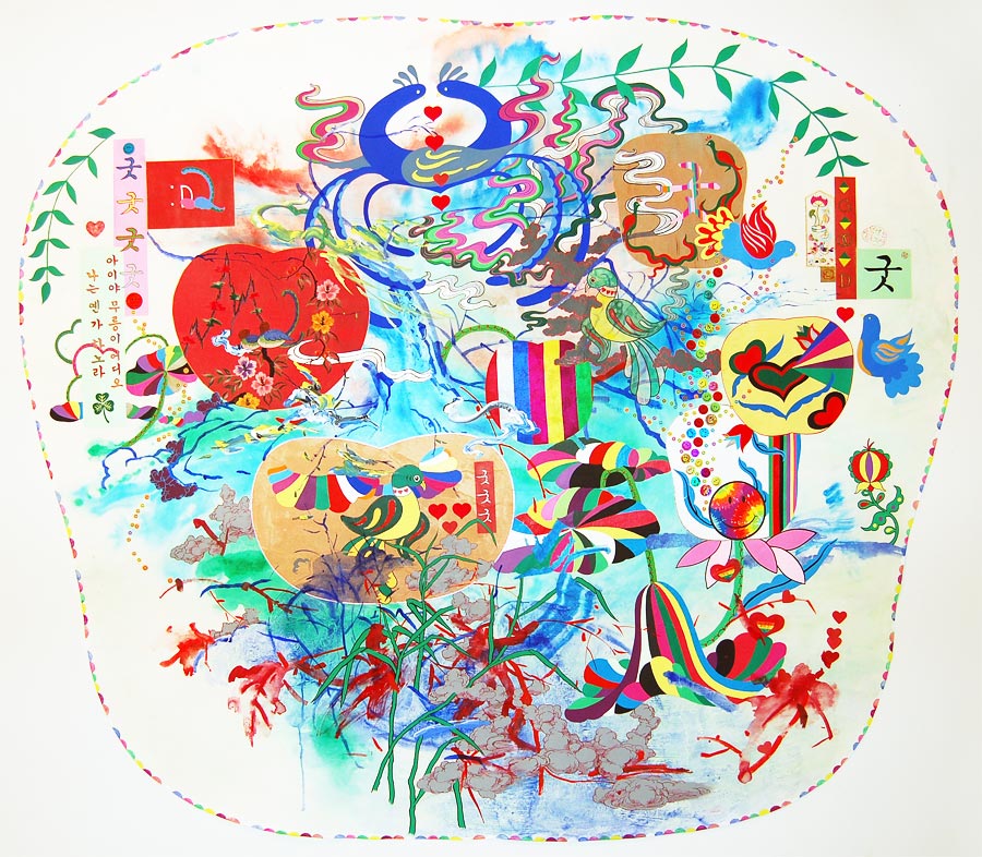 Jiha Moon, Big Pennsylvania Dutch Korean Painting, 2011, ink and acrylic with mixed media on Hanji, 57 x 64 inches